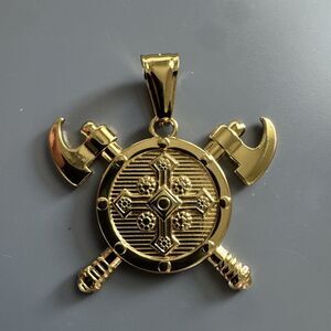 Double Axe Cross Shield Stainless Steel Pendant 24” Chain Gold Plated Viking